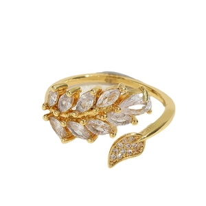 Elegant 14K gold plated leaf ring with marquise-cut zircon stones and adjustable open band