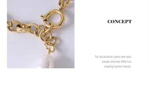 Detail of 18k gold plated hammered chain with large spring clasp and baroque pearl charm