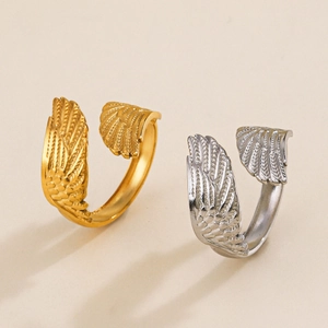 Feather Wing Open Ring Stainless Steel Adjustable Gold Plated Hip Hop Fashion Statement Jewelry For Women Ladies