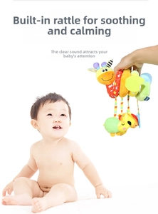Detail of baby spiral giraffe plush toy featuring a built-in rattle for sensory play