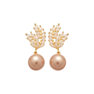 Elegant 18K gold-plated wheat ear earrings with cubic zirconia and champagne pearls