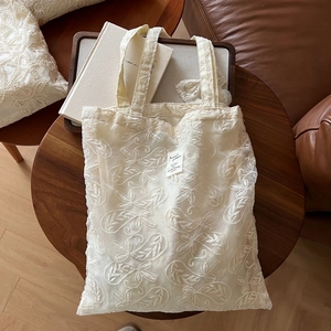 Beige floral lace embroidery tote bag with vintage cotton fabric and double handles
