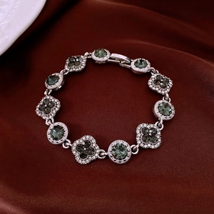 Bracelet vintage en argent avec pierres vertes et cristaux étincelants pour femmes