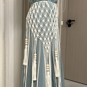 Bohemian handmade woven fringe skirt with cotton rope patterns and wood beads decor