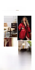 Close-up of wine red satin robe with black lace trim on collar and cuffs for women
