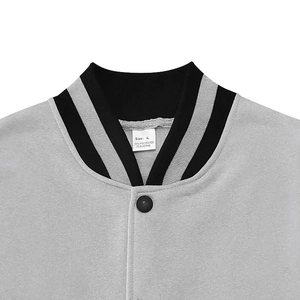 Detail shot of men baseball jacket collar with 95% polyester fabric and L size label