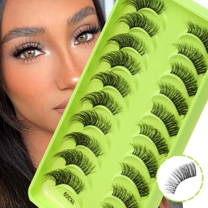 Ten pairs of natural dense false eyelashes in fluorescent green box shown on model