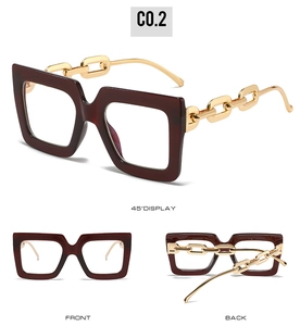 Three-angle view of vintage square wine red frame glasses with golden chain temples