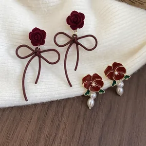Vintage Red Rose Bowknot Artificial Pearl Drop Earrings With 925 Sterling Silver Earring Post Elegant Flower Jewelry For Women