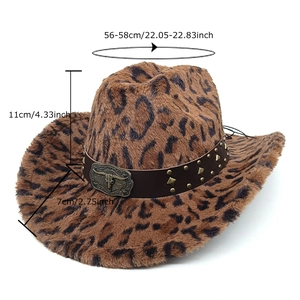 Leopard print velvet jazz fedora with leather belt and vintage bull buckle decoration