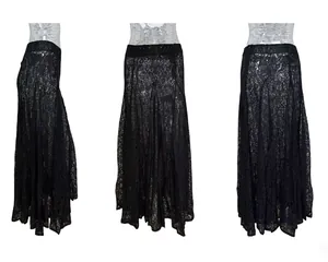 Three-way view showing the delicate floral lace texture and drape of this black midi skirt