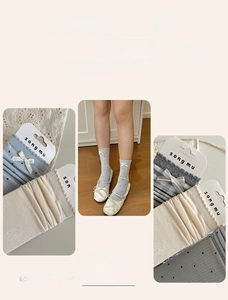 Detailed close-up of blue polka dot socks featuring delicate white bow decorations