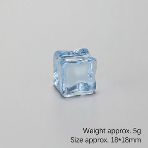 Close-up of a 18mm light blue resin ice cube with size and weight detail overlay
