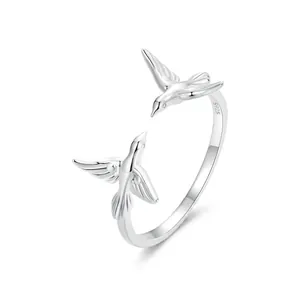 Elegant S925 sterling silver open ring featuring a double flying birds design for women
