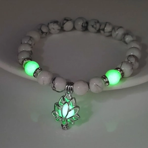 Luminous lotus flower bracelet with white turquoise yoga beads and glowing stone pendant