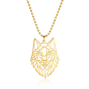 Detailed view of a golden geometric wolf head pendant on a minimalist stainless steel chain