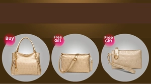 Detailed set showing the champagne gold tote bag crossbody bag and clutch purse with embossed logo