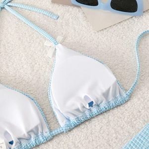 Detail of blue gingham bikini top showing breathable mesh lining and padding slot