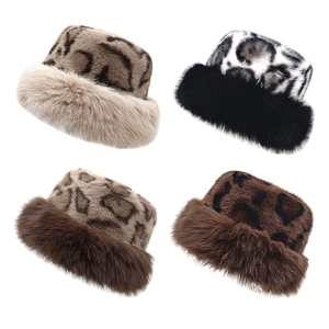 Leopard Print Faux Fur Bucket Hat Women Winter Thick Warm Plush Retro Fisherman Cap Outdoor Windproof Cold Weather Accessories