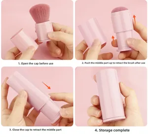 Four-step tutorial showing how to use and retract the portable telescopic makeup brush