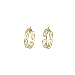 Detailed view of C-shaped gold hoop earrings featuring hollow star patterns and cutouts
