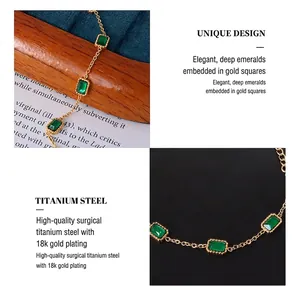 Détails du bracelet rétro en acier titane avec zircon émeraude et plaquage en or 18 carats