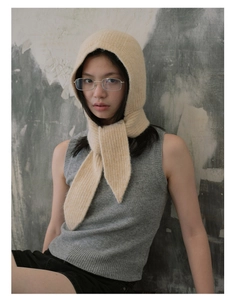Detailed knit texture of beige vintage French style balaclava hooded scarf for women