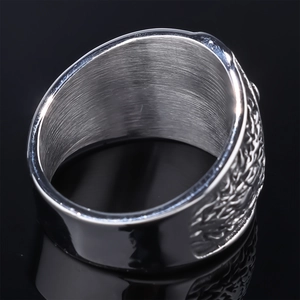 Nordic vintage bear head stainless steel ring with embossed patterns and brushed metal inner