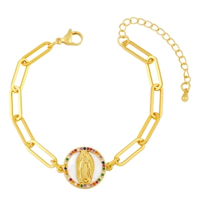 Gold Virgin Mary charm bracelet with colorful zircon and paperclip chain links