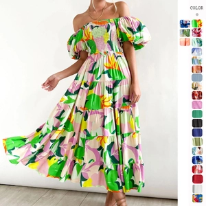 Women Off Shoulder Puff Sleeve Maxi Dress Floral Printed Smocked High Waist Tiered Vacation Boho Summer Long Sundress
