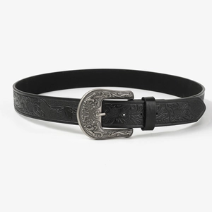 Retro western style black leather belt with ornate silver floral buckle on white background