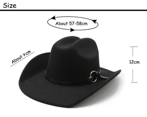Size chart for black wide brim felt cowboy hat showing dimensions and head circumference
