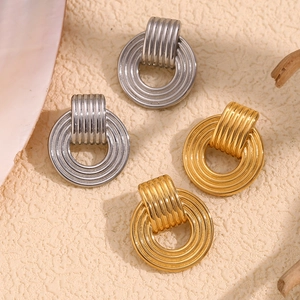 Vintage Textured Round Hoop Stud Earrings Stainless Steel 18K Gold Plated Geometric Concentric Circle Fashion Women