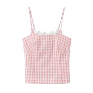 Rosa Gingham Camisole Tanktop Spitzenbesatz Rüschen Gesmokter Rücken Verstellbare Träger Süßes Sommeroberteil Für Damen
