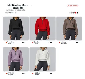 Collage of half-zip cropped sweatshirts in black, red, cocoa, purple and grey melange