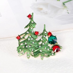 Elegant Christmas tree brooch with green oil drip and colorful rhinestones on white background