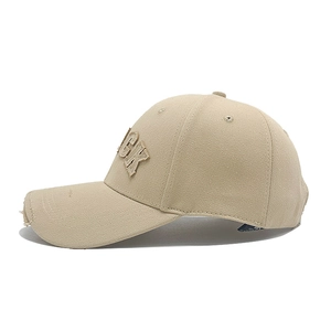 Distressed khaki baseball cap with vintage worn details and 3D embroidery on front