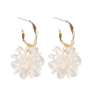 Elegant gold C-hook earrings with layered white translucent resin flower petals