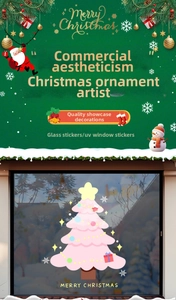 Detailed view of pink Christmas tree window sticker with festive ornaments and star topper