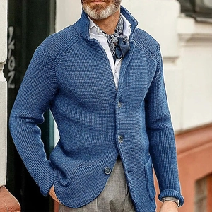 Detail of the honeycomb knit texture and three-button collar on a blue men's cardigan