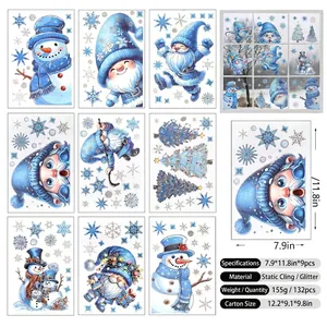 Set of 9 glitter Christmas static window clings with Santa Claus and Snowman patterns