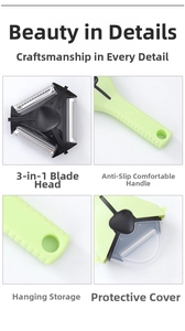 Three interchangeable stainless steel blades for flat, serrated, and julienne peeling