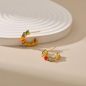 Bohemian C-shaped 18K gold plated earrings with colorful heart and pear cut zircons