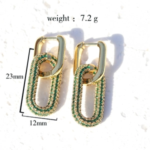 Gold-plated rectangular hoop earrings with green zircon stones, size 23mm by 12mm
