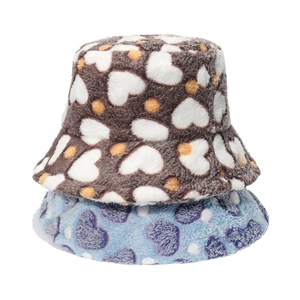 Plush faux fur bucket hats for women featuring colorful heart patterns and polka dots
