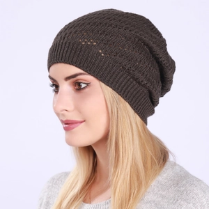 Coffee brown knitted hollow beanie hat for men and women with a soft slouchy fit