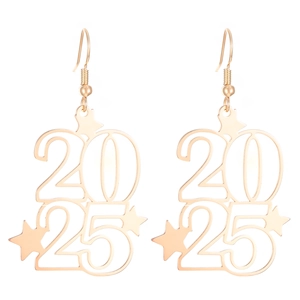 2025 New Year gold star earrings with cutout numbers on white background