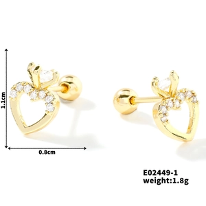 Detail of gold crown heart studs with cubic zirconia and screw back showing measurements
