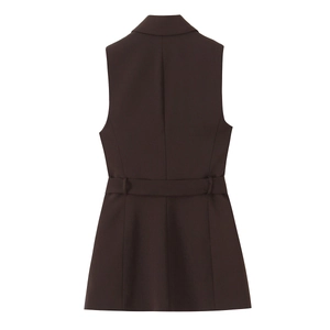 Back view of a deep brown sleeveless vest with adjustable waist belt detail and neat stitching