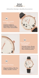 Detail view of quartz watch featuring mineral glass, rose gold crown and black PU leather strap